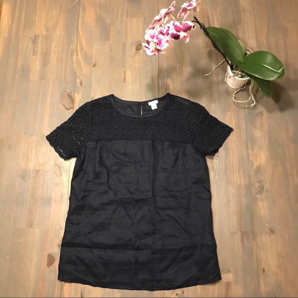 J.Crew navy linen shirt with crochet top